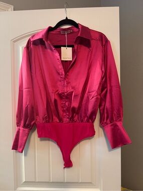 Fuchsia Satin Button-Front Long-Sleeve Bodysuit, NWT, M